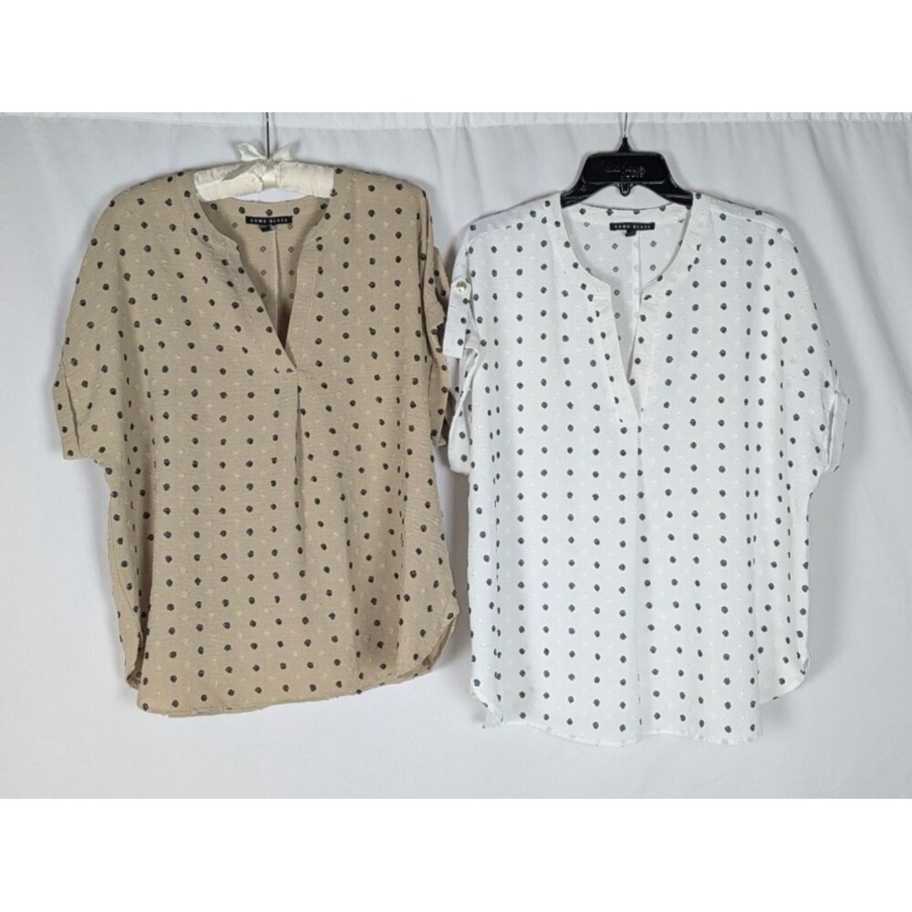 Como Black Blouse XL Women's White Tan Swiss Dot Vneck Cuffed Sleeve Lot of 2